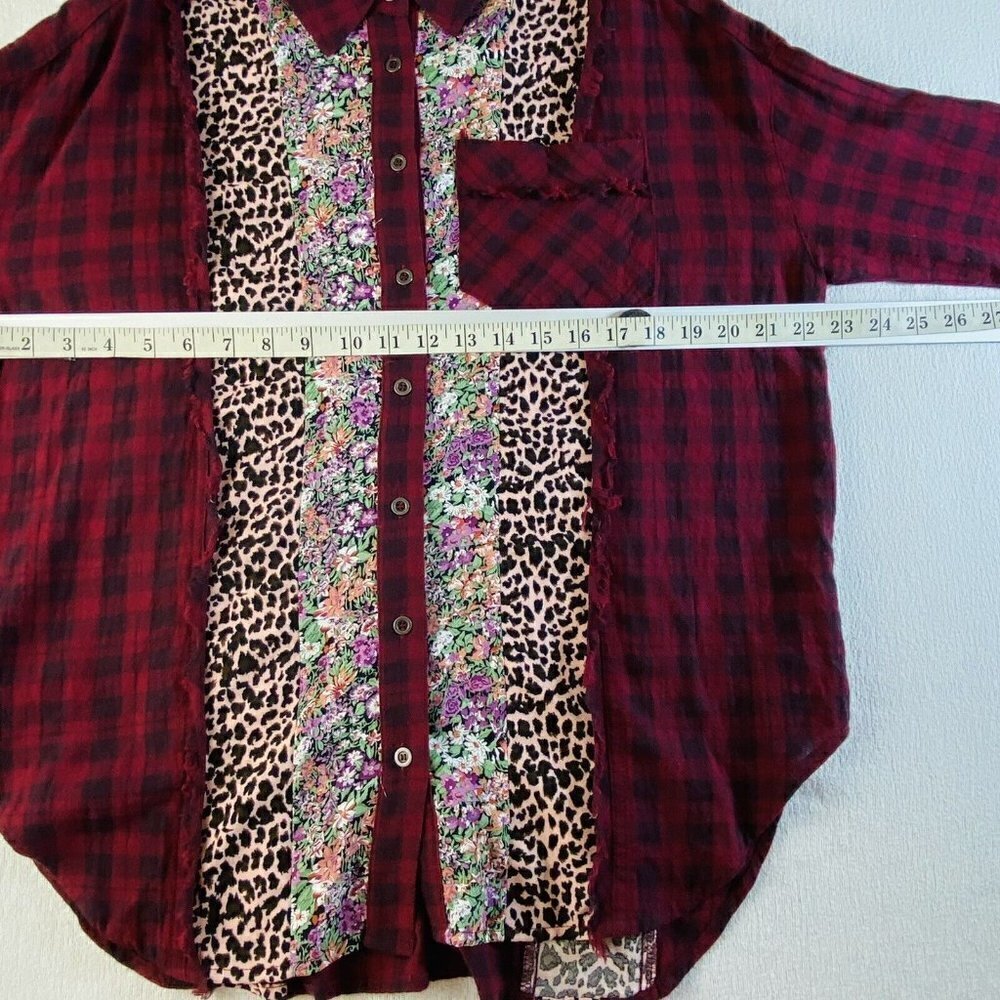 Oddy Womens Small Red Plaid Floral Animal Print Blouse - Picture 10 of 12
